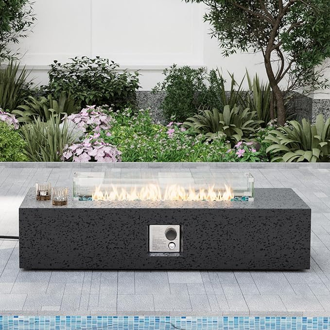 SUNBURY Outdoor Travertine Fire Pit Table, Propane Burning FirePit, 56x28 inch Square Patio Fire Table 50,000 BTU Fire Pit for Outside with Waterproof Cover and Blue Glass Stones, Light Gray
