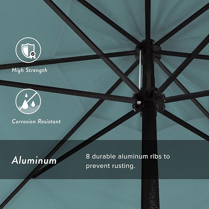 California Umbrella 9' Rd Aluminum Patio Umbrella, Crank Lift, Auto Tilt, Black Finish, Sunbrella Aruba