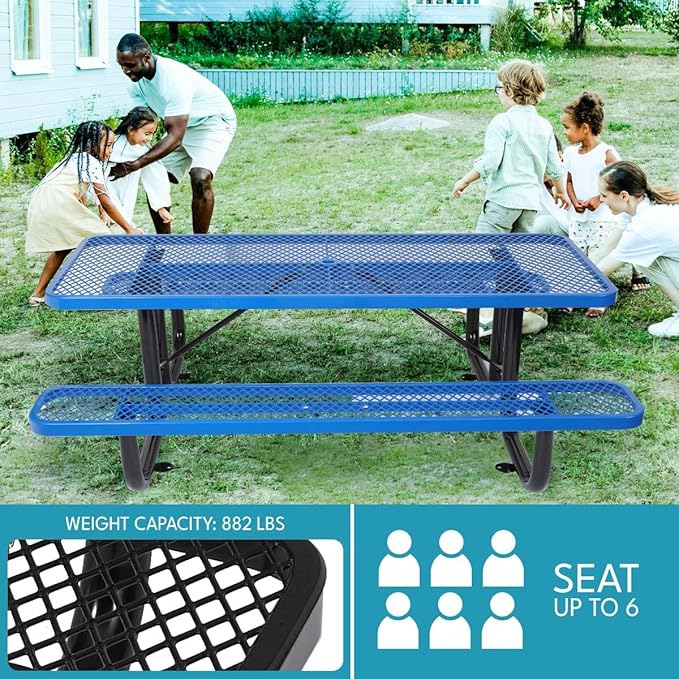 Phyfalip 6 ft. Rectangular Outdoor Steel Picnic Table with Umbrella Pole, Heavy-Duty Weather-Resistant Dining Table for Patio, Backyard, and Garden, Rust-Resistant Finish, Blue
