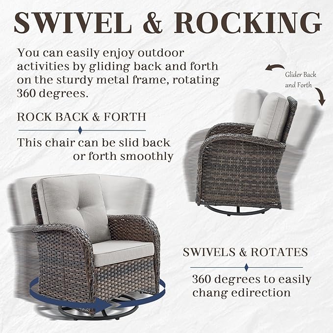 HUMMUH 7 Piece Patio Furniture Set with Fire Pit Table,Wicker Patio Swivel Rocker Outdoor Chairs 3-Seat Sofa for Porch,Poolside,Deck
