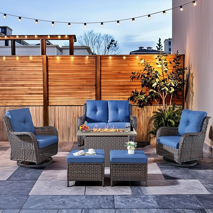 HUMMUH 6-Piece Patio Furniture Set with Fire Pit Table Wicker Outdoor Swivel Rocker Patio Chairs High Back Loveseat Conversation Set for Porch, Backyard, Deck