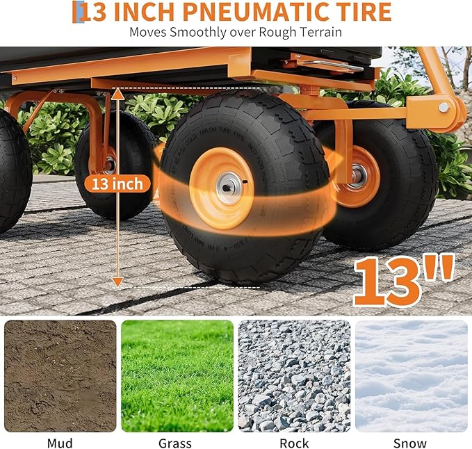 Heavy Duty Garden Dump Cart, 1200LB Yard Utility Cart with All-Terrain Wheels & Quick-Release, Gardening Cart