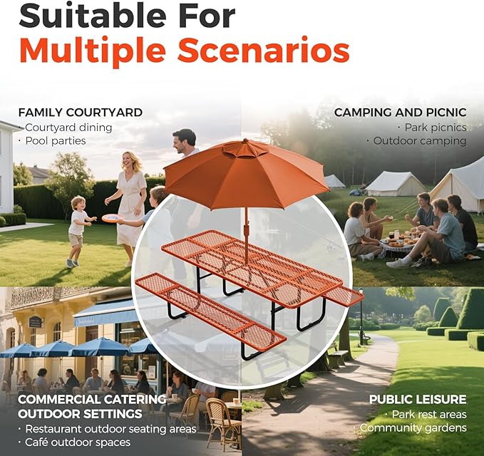 Rueekfil 72" Coated Picnic Table with Umbrella Hole, Heavy Duty Commercial Picnic Table for Outdoors, Family & Party Ready for School Camping, Rectangular, Orange
