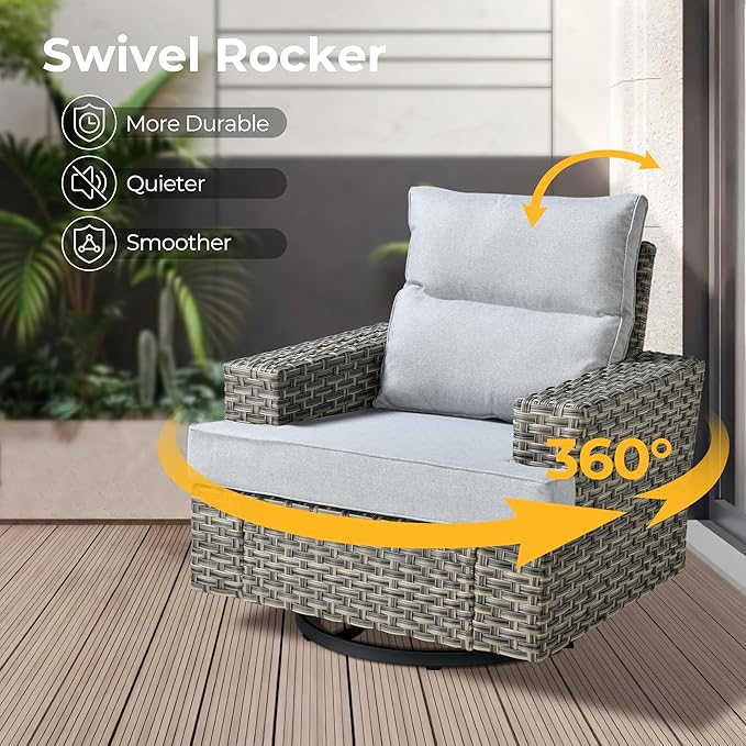 HOOOWOOO Outdoor Sectional Patio Furniture Set with Fire Pit Table,15 Pieces Wicker Conversation Sets L Shaped Couch,Extra Deep Out Door Sofa Outside Furniture with Swivel Chairs Ottomans,Light Gray