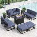 LayinSun Large Aluminum Patio Furniture Set with Fire Pit Table, 9 Pieces Modern Outdoor Conversation Set Sectional Metal Sofa Set with Olefin Cushion