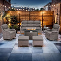 Luxury High Back Outdoor Furniture with 6-inch Extra Thick Cushions, Patio Furniture Set with Fire Pit Table & Swivel Chairs, 7 PCS Wicker Conversation Set for Patio, Yard, Deck, Poolside, Brown/Grey