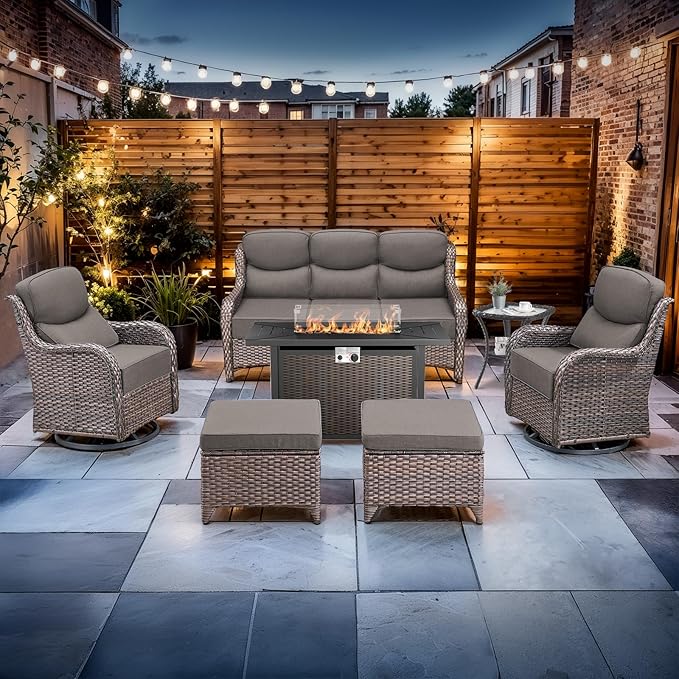 Luxury High Back Outdoor Furniture with 6-inch Extra Thick Cushions, Patio Furniture Set with Fire Pit Table & Swivel Chairs, 7 PCS Wicker Conversation Set for Patio, Yard, Deck, Poolside, Brown/Grey