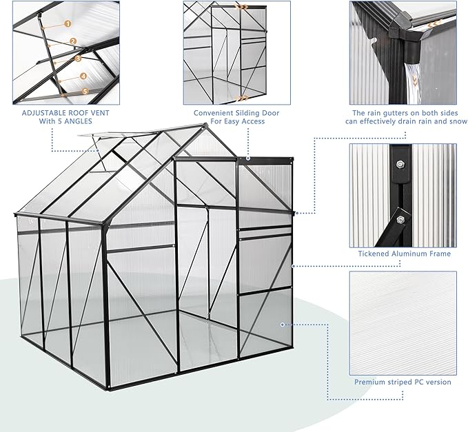 6×6 FT Compact Polycarbonate Greenhouse for Outdoors, Walk-in Aluminum Green House with Sliding Door, Raised Base & Roof Vent, Small Outdoor Greenhouse for Backyard Winter Use, Black