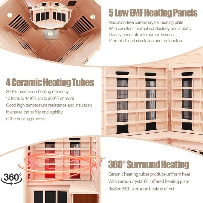 2-3 Person Infrared Saunas for Home, Low EMF Ceramic Infrared Sauna, Indoor Home Sauna Spa, Hemlock Wooden Corner Suana Room, Bluetooth Speakers, Chromotherapy Lights