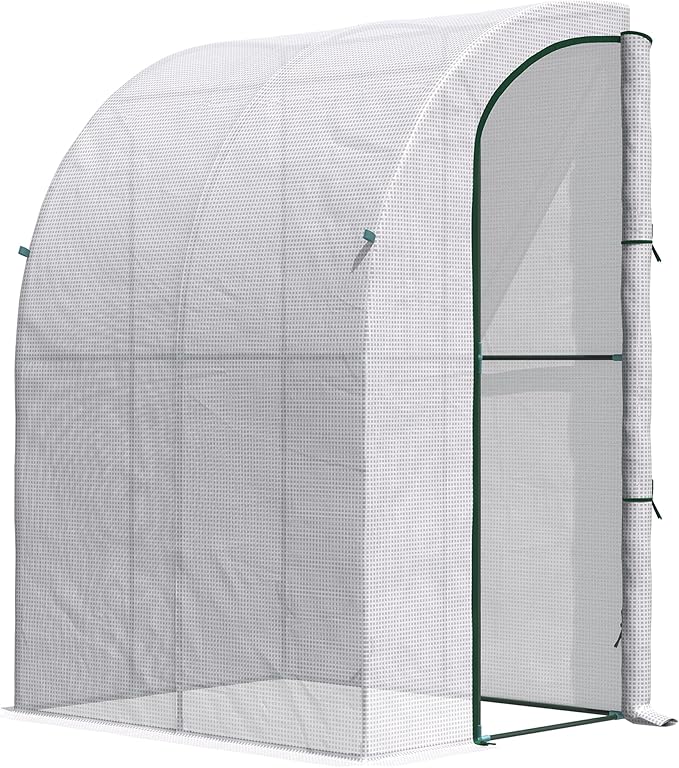 Outsunny 5' x 4' x 7' Outdoor Lean to Greenhouse, Walk-in Green House Plant Nursery with Roll-up Window, PE Cover, White