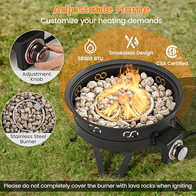 Giantex Portable Propane Fire Pit, 17" Small Outdoor Fire Bowl w/Foldable Legs, Round Fireplace with Lid, Removable Grill, Carry Bag, Lava Rocks, 58000 BTU Smokeless Gas Firepit for Outdoor Camping