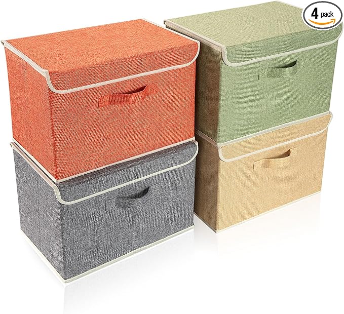 Storage Bins with Lid, Foldable Clothing Storage Box case with Handle for Books, Closet, Bedroom, Home, 4 Color Set A, 15L x 10W x 10H inch