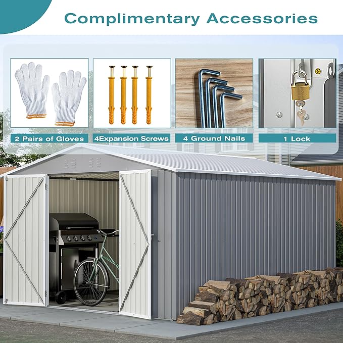 Outdoor Storage Shed, 10 X 12 FT Large Metal Utility Tool Sheds with Floor Frame, Steel Garden Shed for Backyard Garden Patio Lawn