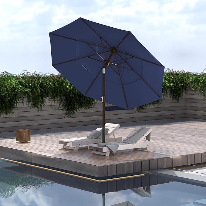 Ayge 9FT 3-Tier Large Outdoor Patio Umbrella Market Table Umbrella-UV Resistant,Easy Push Button Tilt and Crank,8 Sturdy Fiberglass Ribs Heavy-Duty Pool Umbrella for Deck,Backyard,Garden,Yard,Navy
