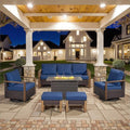 6 Piece Outdoor Patio Furniture Set with Propane Fire Pit Table, Wicker Patio Conversation Set with 2 Swivel Rocker Chairs Rattan Sofa and Removable 4" Thick Cushions for Deck Backyard