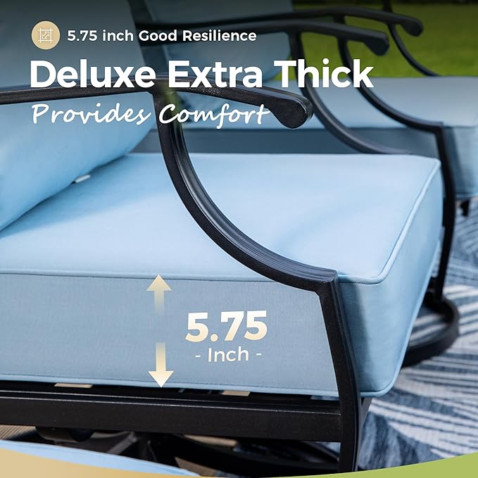Patio Furniture Set, 6 Pcs Metal Outdoor Conversation Set, 2 Swivel Chairs, 2 Ottomans and 3 Seater Sofa with 5.75" Extra Thick Cushion and Gas Fire Pit Table, Blue