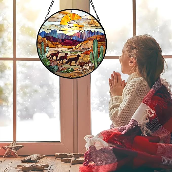 HKDGOKA Stained Glass Window Hanging Sunset Desert Landscape Wolf 7.8" - Suncatcher Door Garden Sunroom Sun Catcher Home Decor Birthday Christmas for Mom Men Woman Nana