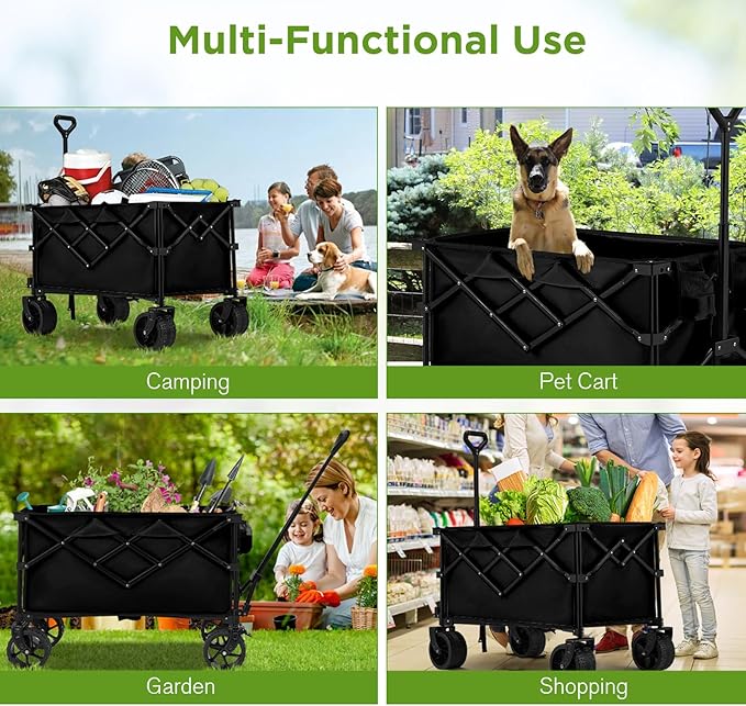 Bezseller Collapsible Wagon 400 lbs, Wagons Carts Foldable, Beach Carts with Big Wheels for Sand, Utility Grocery Shopping Cart for Grocery, Sports, Garden, Shopping and Camping, Black