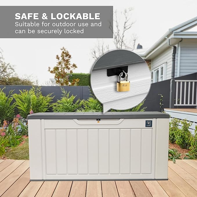 230 Gallon Large Deck Box, Durable Waterproof Resin Deck Box for Patio Furniture, Garden Tools, Pool Storage (White, 150Gallon)