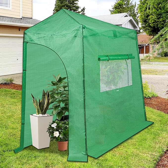 EAGLE PEAK Replacement Cover for 9x4 Portable Lean-to Greenhouse, 2 Roll-Up Zipper Entry Doors and 1 Large Roll-Up Side Window (Frame Not Included), Green