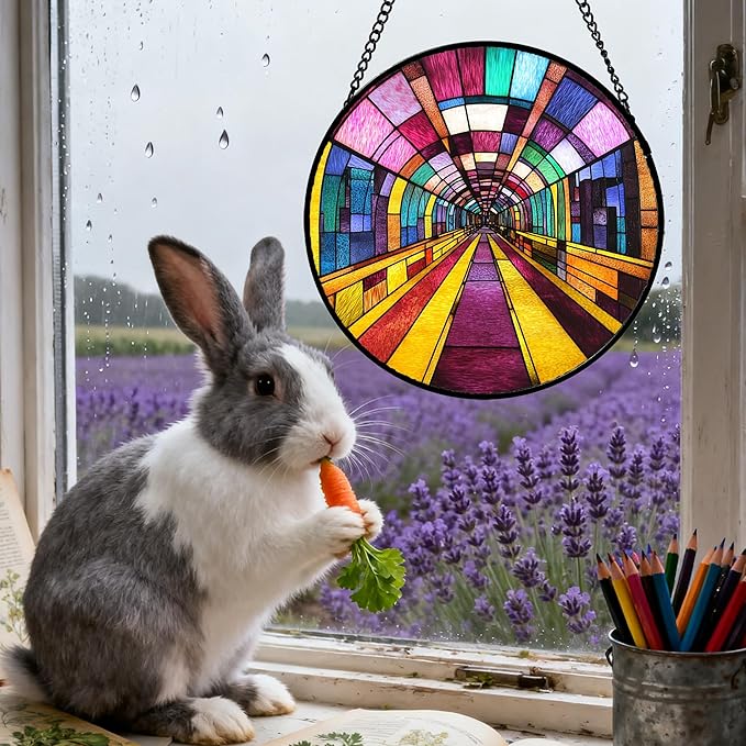 QZQCBLC Stained Glass Window Hanging Abstract Colorful Geometric Tunnel 9.8" - Suncatcher Door Garden Sun Catcher Decor Birthday Christmas for Woman Men Nana Friend Mom
