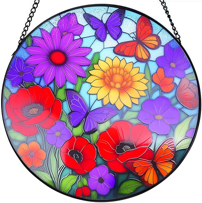 Sunflower Stained Glass Window Hanging - Wildflowers Suncatcher for Indoor Window, Floral Stained Glass Decor for Garden, Home, Outdoor, Sun Catchers Birthday Gift for Women,Lovers and Mom 12 Inch