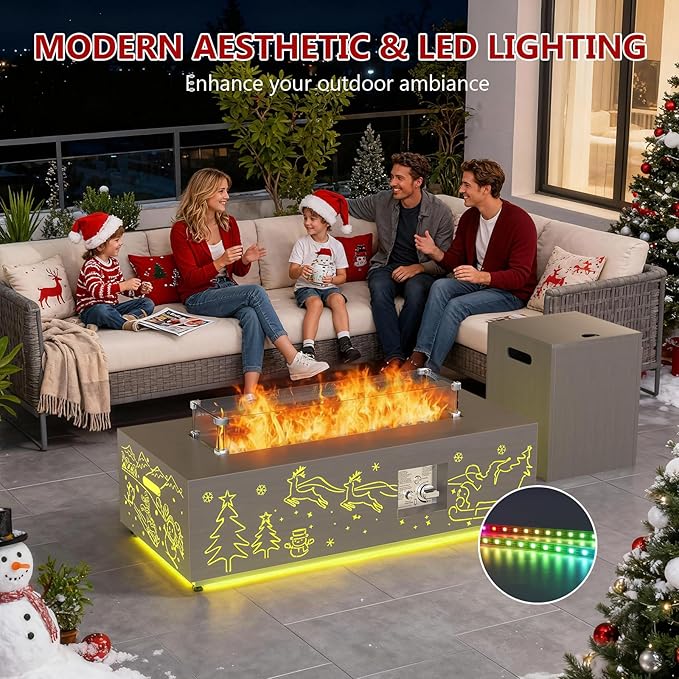 Dineli Propane Fire Pit Table 42 Inch Gas Fire Pits & Outdoor Fireplaces, Tabletop Fire Pit Firepits for Outside Patio, 50,000 BTU (Gray, Christmas Pattern with RGB Light)
