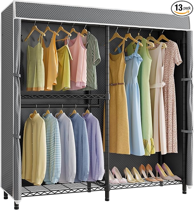 VIPEK V4C Garment Rack with Cover, Heavy Duty Portable Closet Adjustable Metal Clothing Rack for Hanging Clothes with Hanging Rods & Side Hooks, Max Load 810lbs, Black Rack with Grey Cover