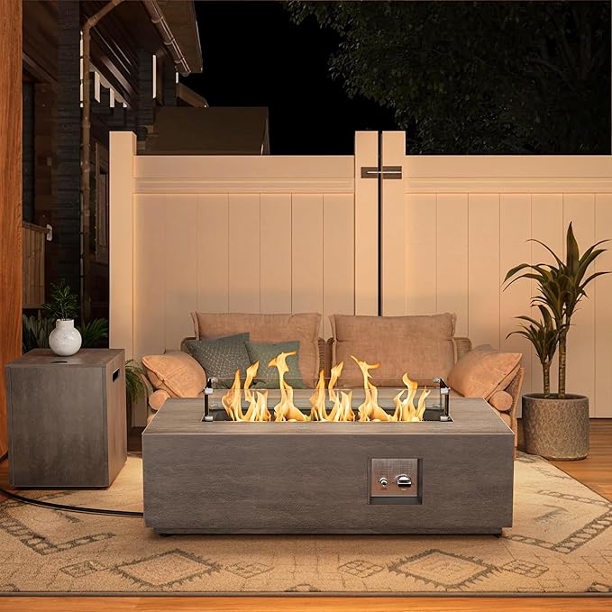Dineli 2-Piece Outdoor Propane Fire Pit Table Set w Tank Table 42'' Rectangular Firepit Gas Fire Pits for Outside Patio Fire Table Tabletop Fire Pits, 50,000 BTU, Gray