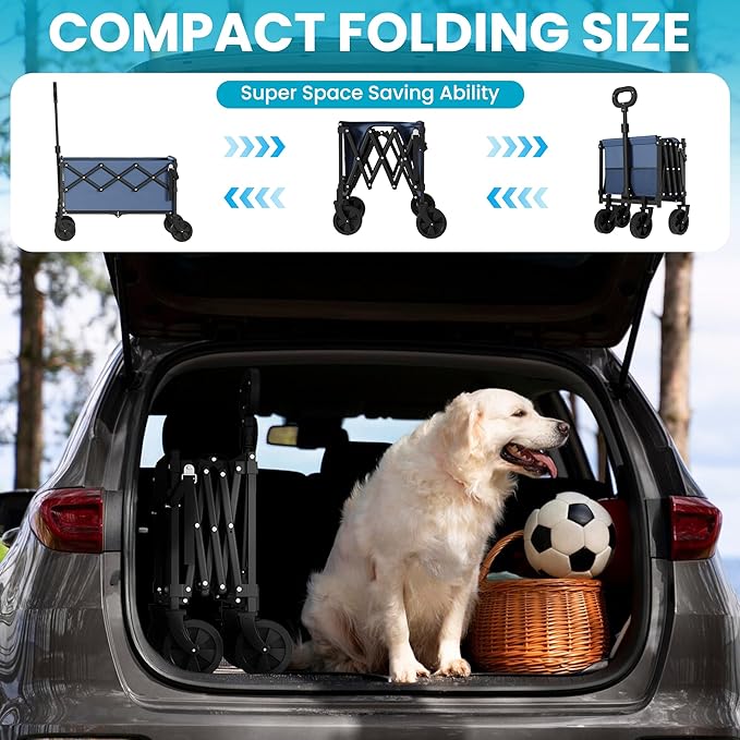 Collapsible Wagon with Extended Tailgate,Wagons Carts Folding with 350lbs Capacity, Lightweight Portable Utility Wagon Cart for Shopping Camping Sports Garden(Navy)