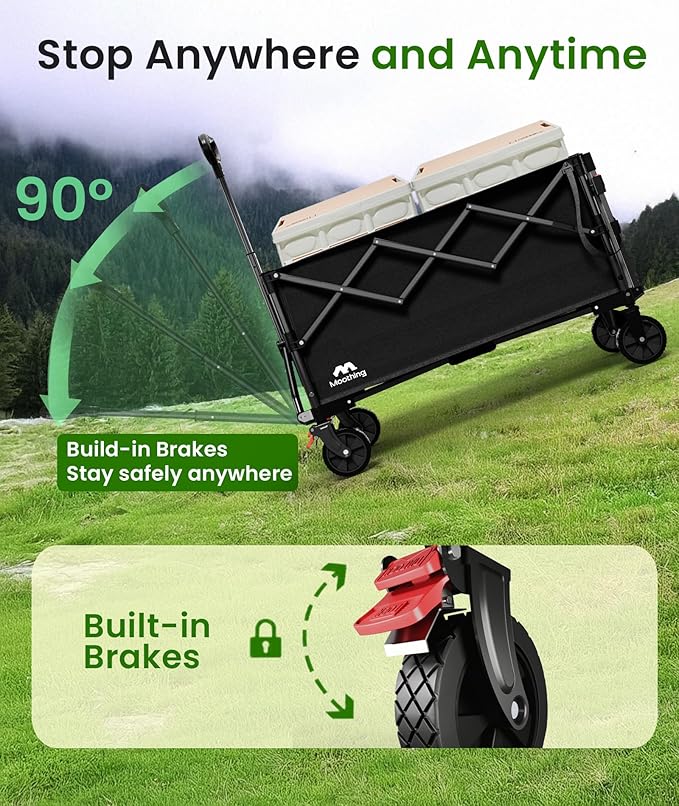 Extra Large Foldable Wagons Extended Clearance, 250L Collapsible Wagon with Tailgate, 49”L Folding Wagons with Brakes, Grocery Wagon, Utility Cart for Sports, Shopping, and Camping, Black