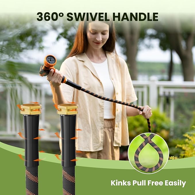 Giraffe Tools Non-Expandable Garden Hose 75FT 1/2” Lightweight Flexible Water Hoses Burst 600 psi with 9 Spray Function Nozzle Heavy Duty Hose
