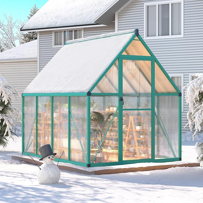 6 x 7 ft Greenhouse, Polycarbonate Walk-in Greenhouse with Aluminum Frame, Adjustable Roof Vent and Lockable Door, Easy Assembly, Green Houses for Outside, Garden, Backyard and Patio