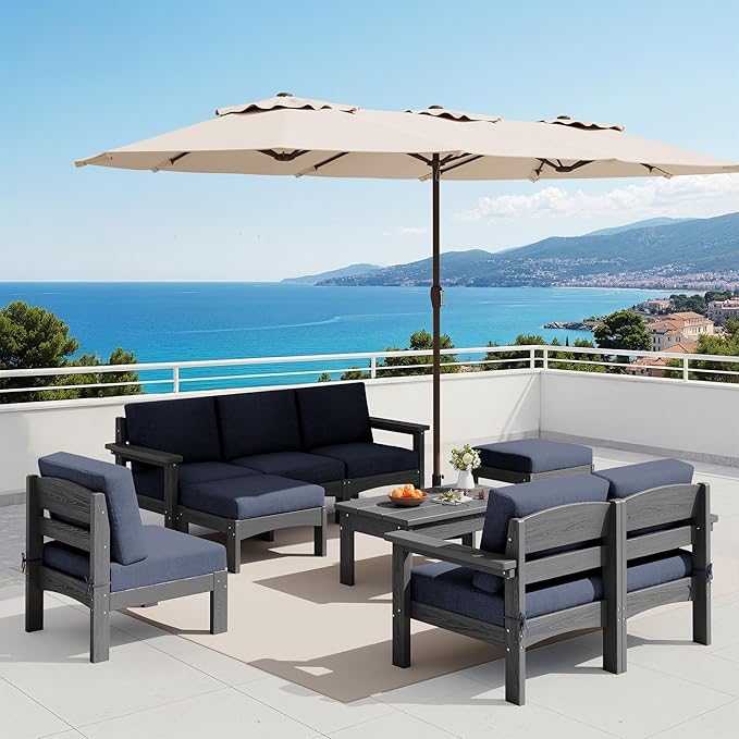 SERWALL 9 Pieces Patio Sofas with 15FT Double Side Patio Umbrella, All-Weather HDPE Outdoor Sectional Sofa, Extra-Large Modular Conversation Set for Patio, Garden, Deck, Grey Frame with Grey Cushion