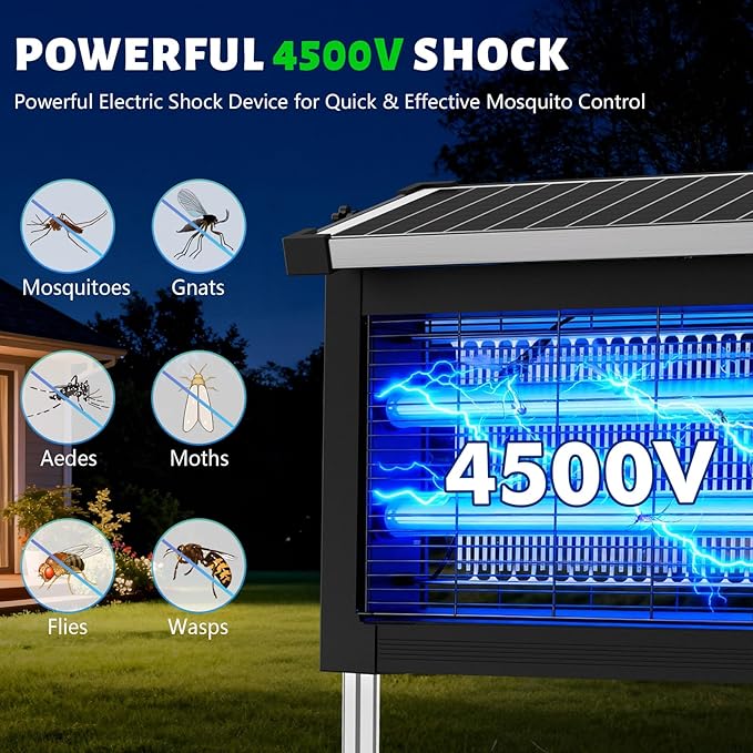 Solar Bug Zapper Outdoor with Projector Light, Waterproof Portable Fly Zapper 4500V, Rechargeable Electric Mosquito Killer, Cordless Fly Insect Mosquitos Trap for Patio Yard