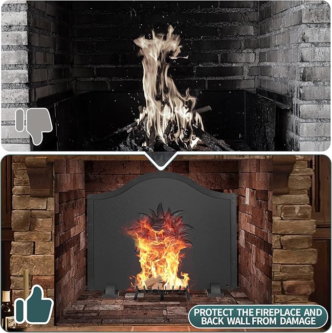 Iron Fireback with Feet - 19.5in Sun Fireplace Heat Reflector, Heat-Resistant Material with Decorative Design for Wall Protection