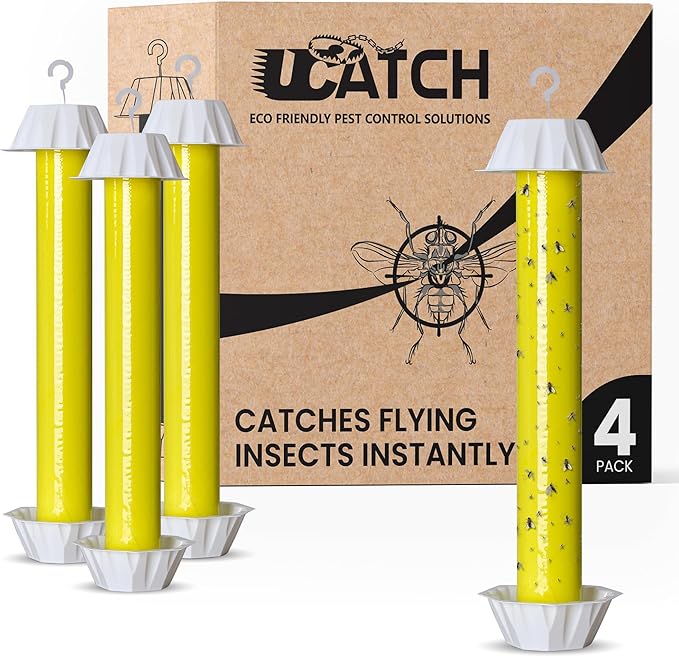 Sticky Fly Trap Indoor & Outdoor Pack of 4 | Hanging Fly Stick for Gnats, Flies, Wasps, Mosquitoes & Other Flying Bugs | Sticky Bug Traps | Home Pest Control | Flying Insect Trap Rolls | Ucatch