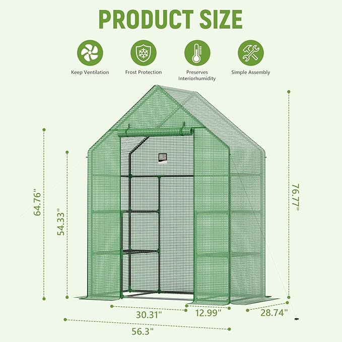 Greenhouse for Outside with Screen Windows, Outdoor Walk in Greenhouses with Durable PE Cover, 57 x 57 x 76'' Small Portable Green House with Shelves Stands,Green