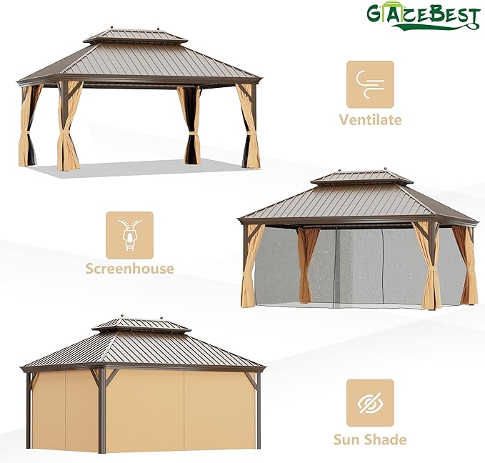 GAZEBEST 12' X 16' Hardtop Gazebo, Outdoor Galvanized Steel Double Roof Permanent Aluminum Frame Pavilion Pergola Canopy with Privacy Curtains for Garden, Patio, Backyard, Deck and Lawns.