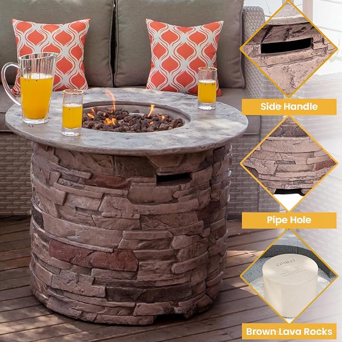 COSIEST Outdoor Propane Concrete Fire Pit Table w Imitation Stone Surface 32-inch Round Fire Table, Certified, 40,000 BTU Stainless Steel Burner, Free Lava Rocks, Fits 20lb Tank Inside