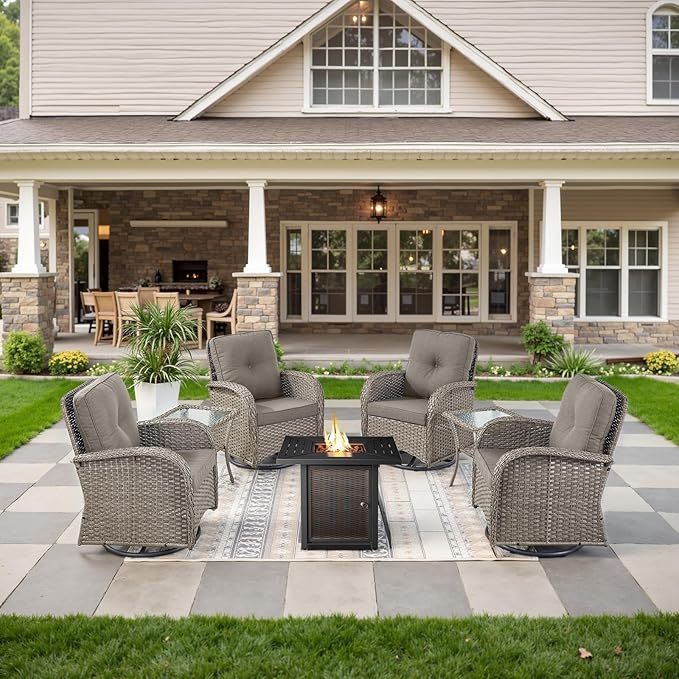 Belord 7-Piece Modern Gray Wicker Patio Conversation Set - 4 Swivel Glider Chairs & 50,000 BTU Propane Fire Table