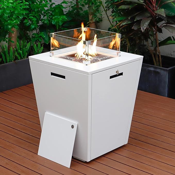 LeisureMod Chelsea 32" Modern Gas Fire Pit Table – 37,000 BTU CSA Certified Propane Steel Outdoor Table with Tempered Glass Wind Guard and Lid for Patio (White)