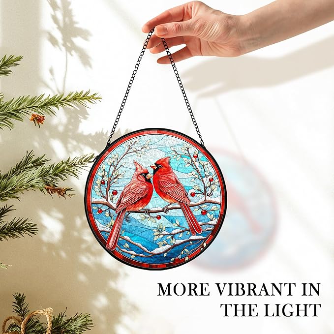 cvjutf Cardinal Suncatcher Stained Glass Window Hanging Decor, Winter Christmas Cardinal Stained Glass Wall Decor, Christmas Bird Lawn Garden Sun Catchers Indoor Window Hanging Wall Art, 7.9x7.9In