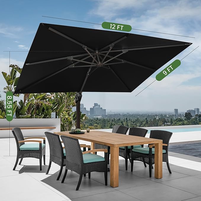 9' X 12' Cantilever Patio Umbrella Rectangular Outdoor Large Offset Umbrellas with 7 Tilts Adjustable 360°Rotation for Deck Pool Garden Backyard, Black