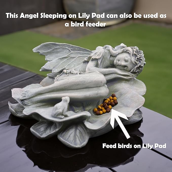 hvfun Garden Fairy Statue,Garden Sleeping Angel on Lotus Leaf with Bird Feeder Feature Outdoor Decor Sculptures Figurine Gardening Lawn