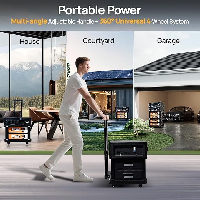 ECO-WORTHY SL3500 Stackable Power Station Solar Inverter AC 3500W Output,5120Wh LiFePO4 Battery with BMS,Movable Portable Stand with Expandable Tiers for Home Backup,Emergency,Solar System Components