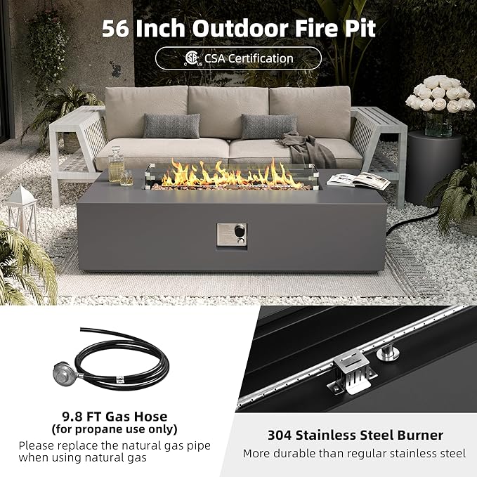 UPHA 56-inch Outdoor Propane Gas Fire Pit Table 50000 BTU Concrete Rectangle FirePit for Outside Patio with Propane Tank Cover, Wind Guad, Lava Rocks, Rain Cover, Grey