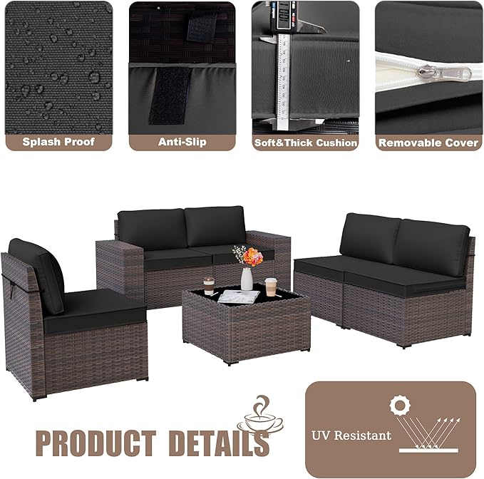 Kurapika 6 Pieces Patio Furniture Set, Rattan Outdoor Conversation Sets w/4 Inch Cushion and Glass Coffee Table(Black)