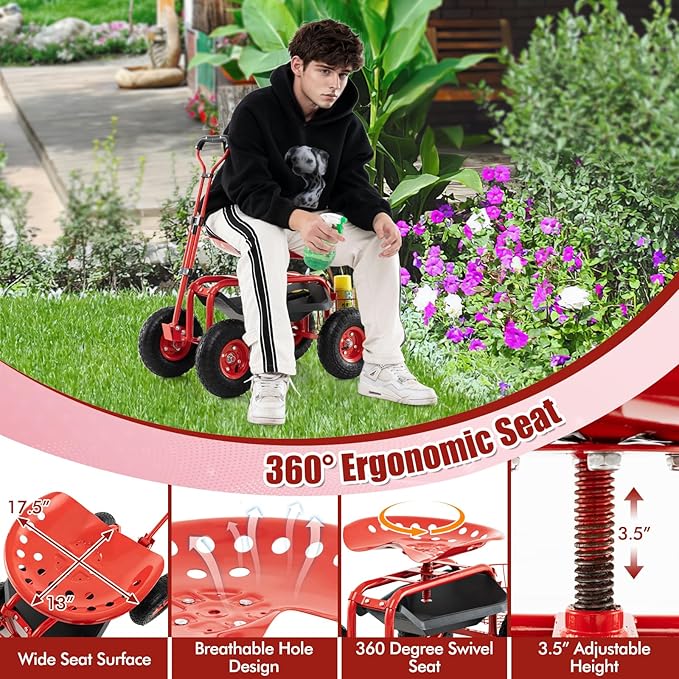 Goplus Rolling Garden Cart with Seat, Outdoor Garden Stool with Wheels, Tool Tray & Basket, Adjustable Steering Handle, 360 Degree Swivel Seat for Planting, Gardening Scooter for Lawn, Yard, Patio
