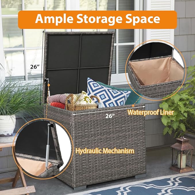 Super Patio 8 Pieces Outdoor Patio Furniture Set with 45” Fire Pit Table, Rattan Patio Conversation Sets with 50000 BTU Gas Fire Pit, Sectional Sofa Set with Storage Box, Navy Blue (Without Table)